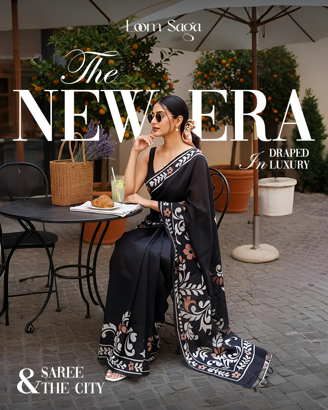 Fashion editorial featuring modern saree styling