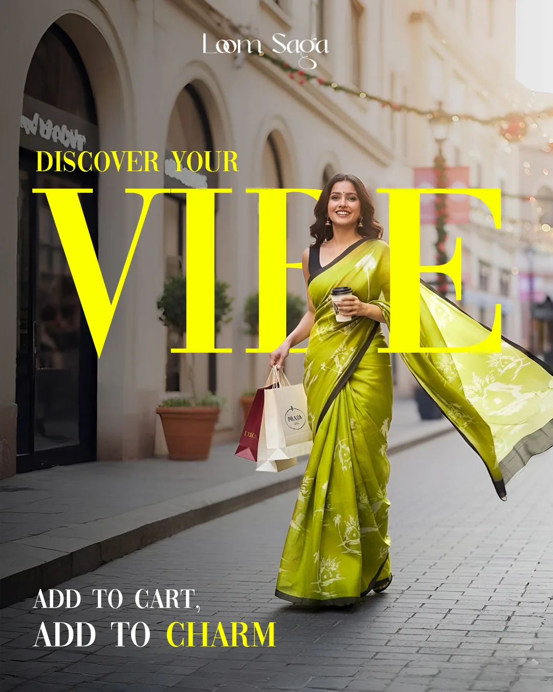 Fashion editorial featuring vibrant green saree