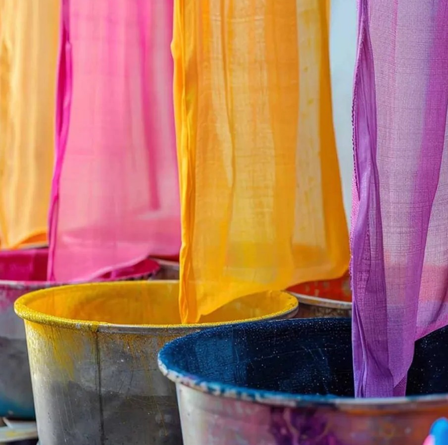 Colorful dyed yarns hanging to dry