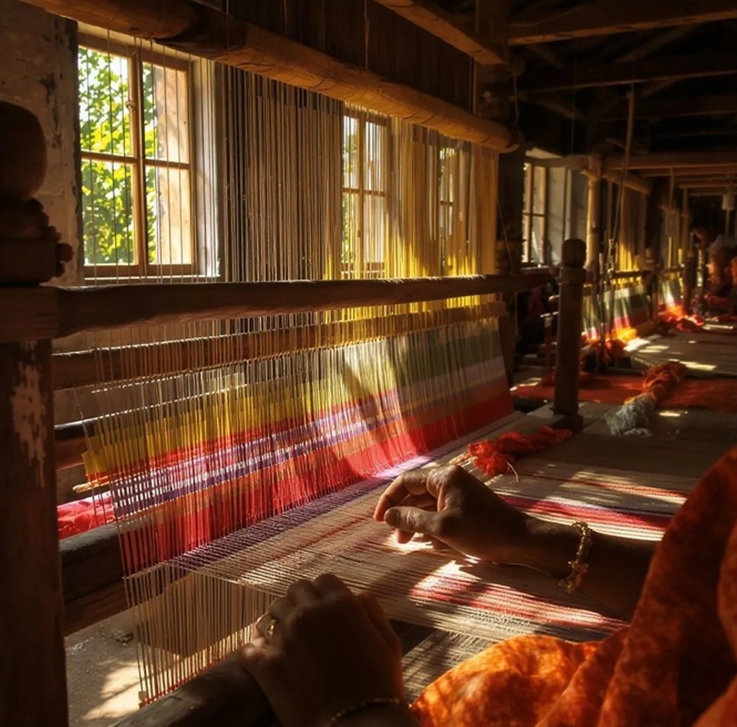 Weaver setting up the loom in sunlit workshop