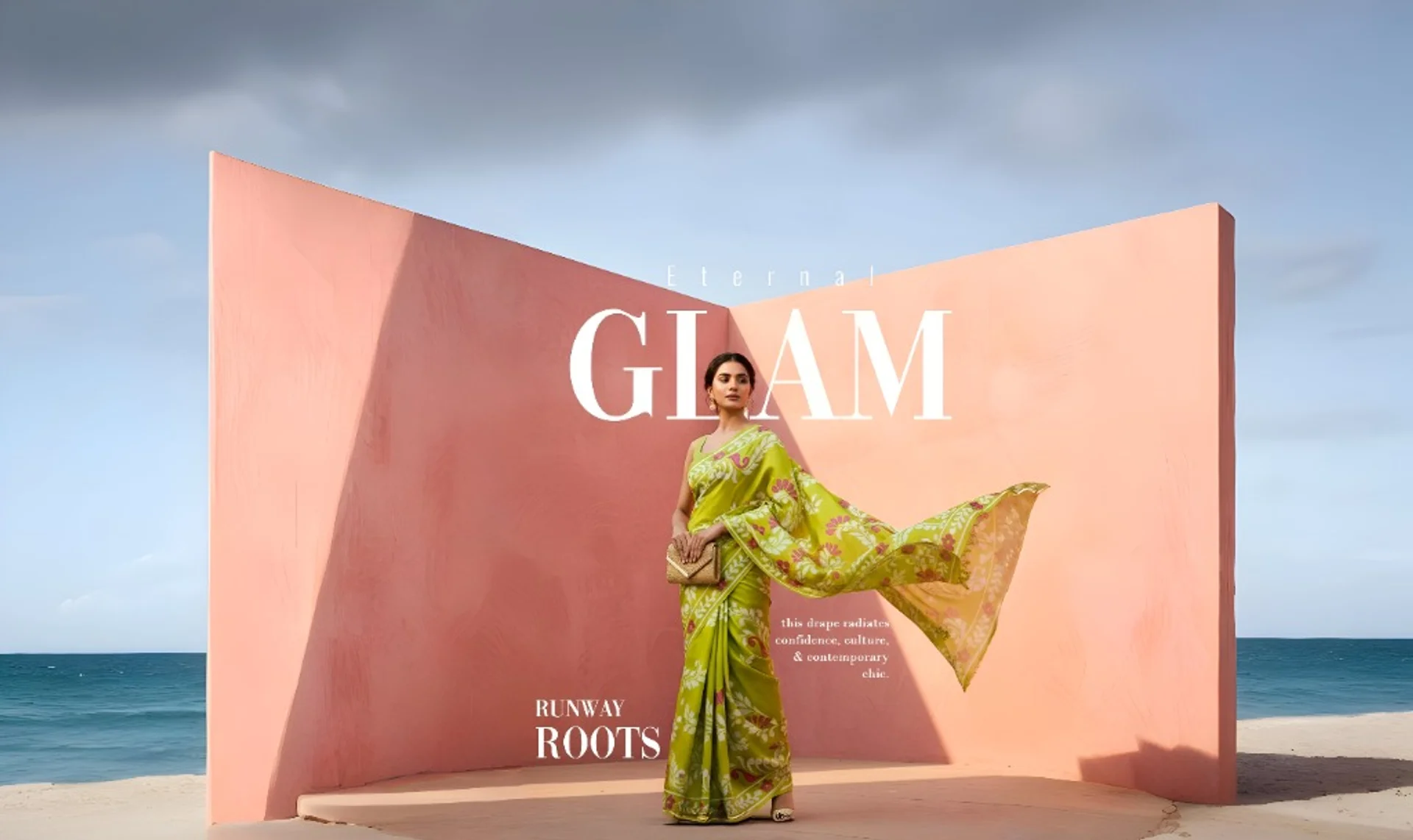 Elegant woman wearing a beautiful green silk saree with floral patterns