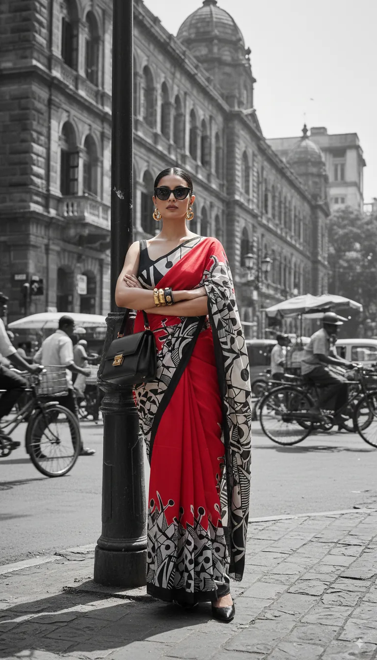 Model wearing elegant red and black printed saree in urban setting