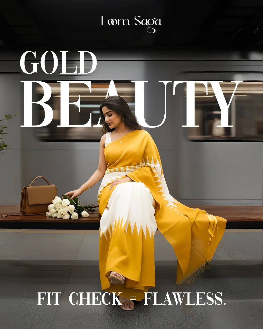Fashion editorial featuring gold saree styling