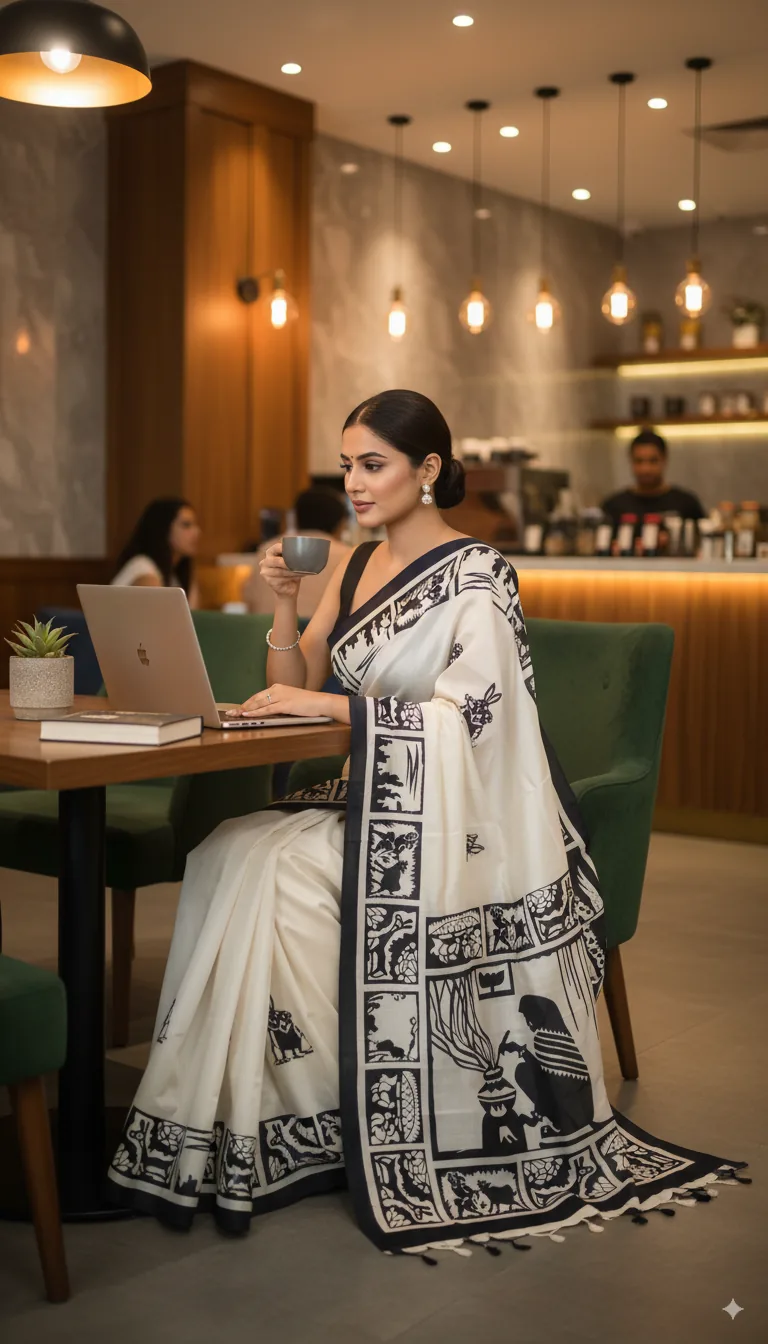 Model wearing light blue bordered saree with vintage car