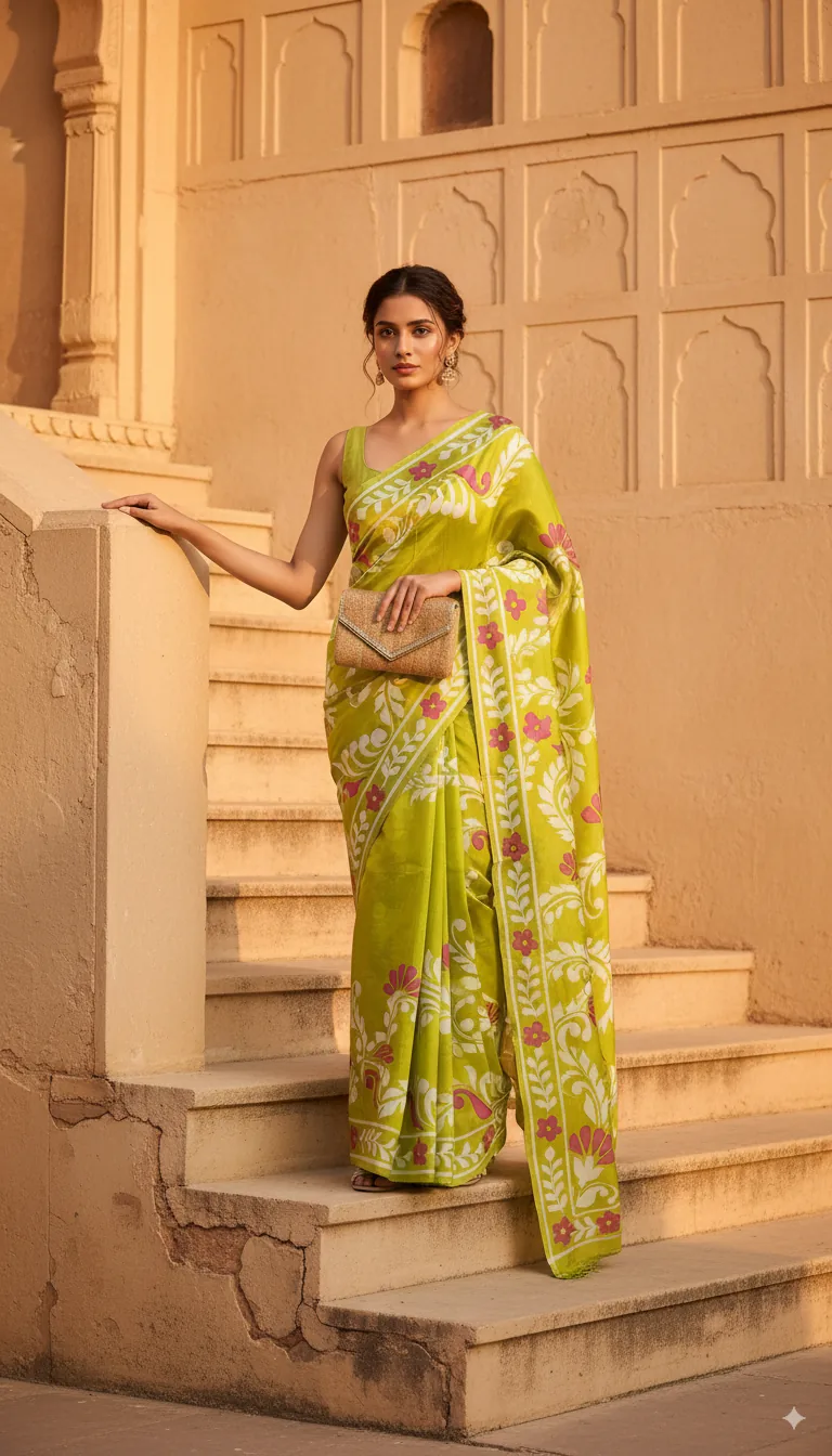Model wearing elegant white printed saree in cafe setting