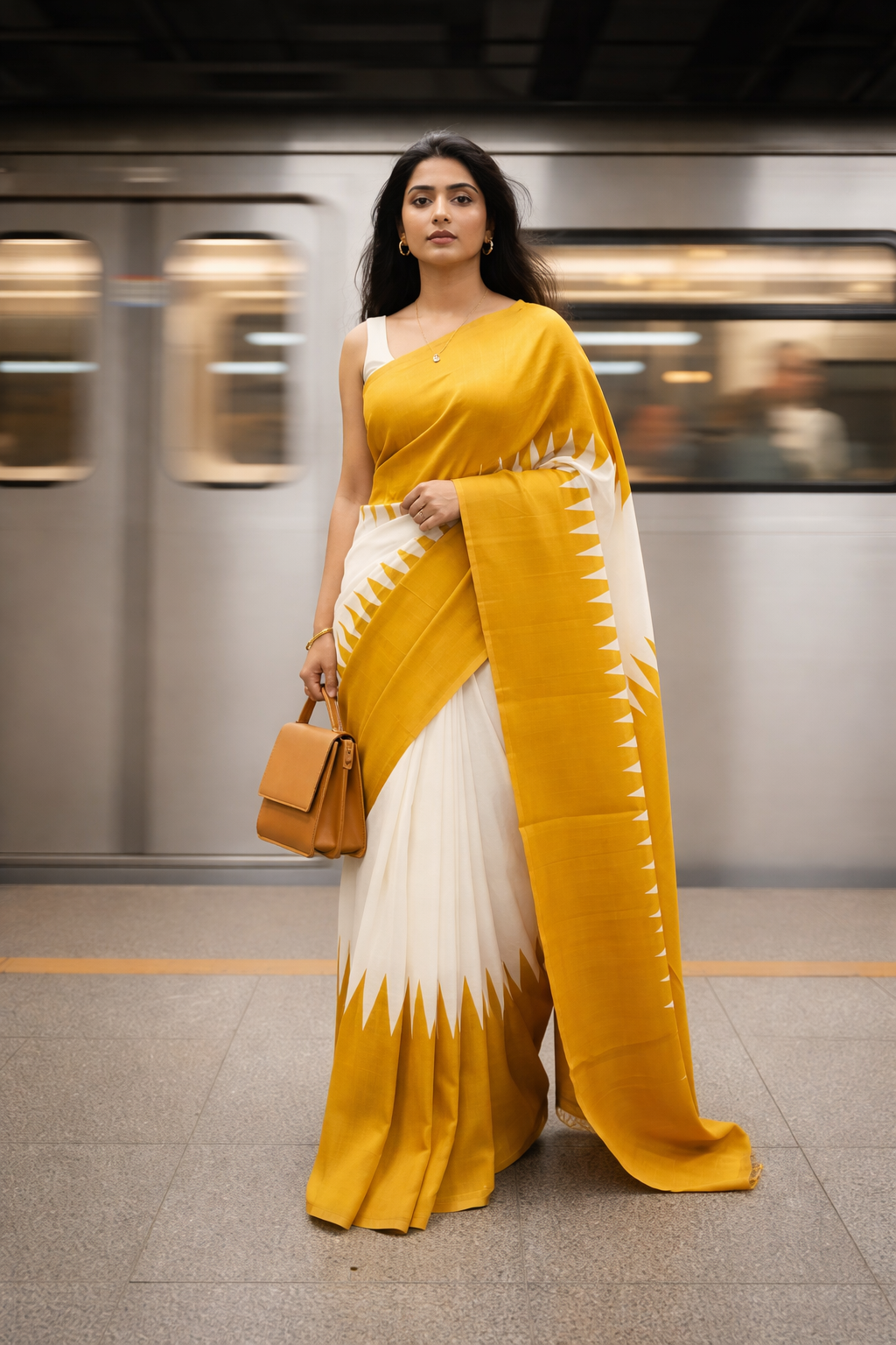 Model wearing vibrant mustard yellow traditional saree