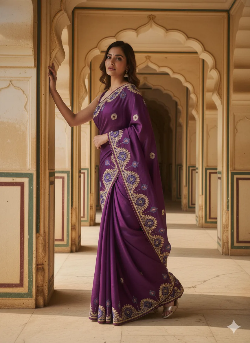 Model wearing elegant pink silk saree