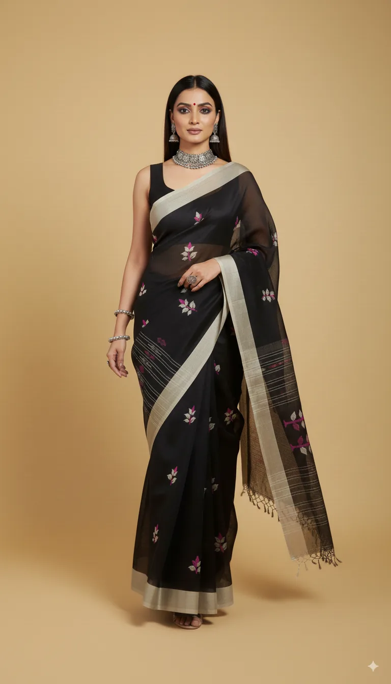 Model wearing gold embroidered traditional saree